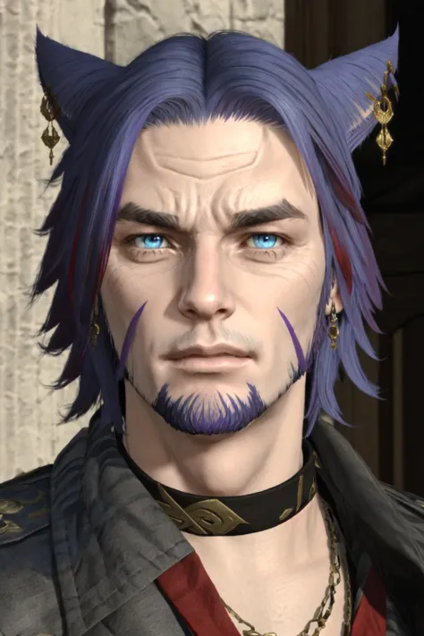 Khit'li L'ocar, beard, blue eyes, blue hair, purple hair, stubble, cat boy, closed mouth, earrings, facial hair, jewelry, looking at viewer, multicolored hair, portrait, red eyes <lora:Miqote_Khitli:0.6>