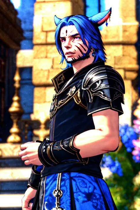 miqote,1boy, animal ears, male focus, blue hair, solo, facial mark, heterochromia, facial hair, miqo'te, red eyes, jewelry, earrings, looking at viewer, upper body, cat ears, blurry background, blurry, beard, blue eyes, armor, facial tattoo <lora:MaleMiqote:0.6>