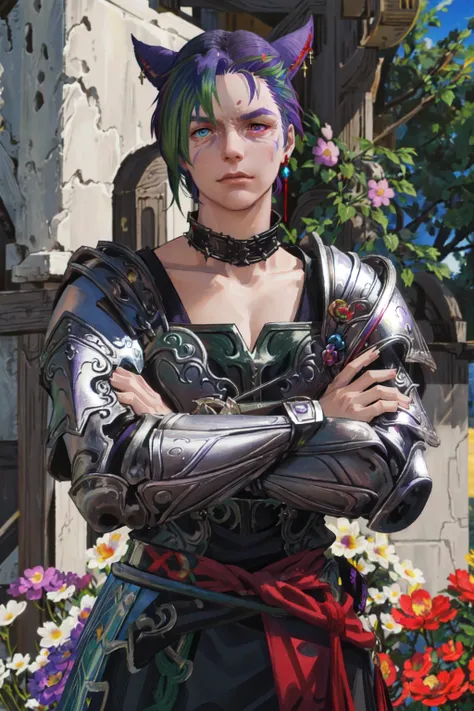 Khit'li L'ocar,  blue eyes, red eyes,  heterochromia,armor, collar, crossed arms, earrings, flower, green hair,  purple hair, jewelry, looking at viewer, multicolored hair, outdoors, pauldrons, scar, short hair, shoulder armor, two-tone hair, upper body, realistic, specular highlights,  <lora:Miqote_Khitli:0.6>