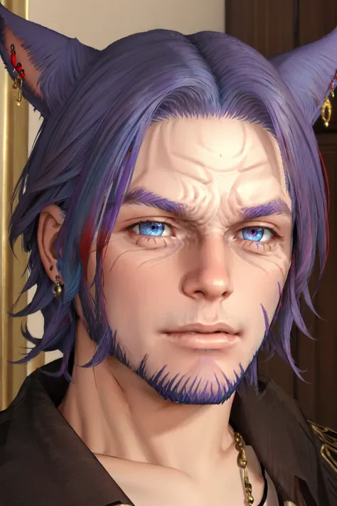 Khit'li L'ocar, beard, blue eyes, blue hair, purple hair, stubble, cat boy, closed mouth, earrings, facial hair, jewelry, looking at viewer, multicolored hair, portrait, red eyes <lora:Miqote_Khitli:0.6>