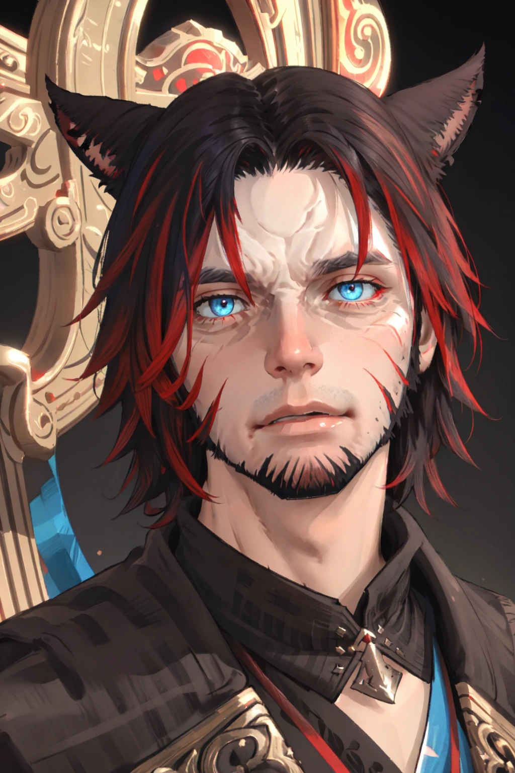 Khit'li L'ocar, beard, black hair, blue background, blue eyes, red eyes, heterochromia, cat boy, closed mouth, facial hair, looking at viewer, multicolored hair, portrait, red hair, short hair, two-tone hair, realistic, specular highlights, <lora:Miqote_Khitli:0.6>