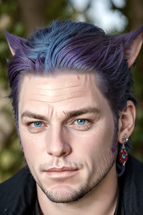 Khit'li L'ocar, beard, blue eyes, blue hair, purple hair, stubble, cat boy, closed mouth, earrings, facial hair, jewelry, looking at viewer, multicolored hair, portrait, red eyes <lora:Miqote_Khitli:0.5>