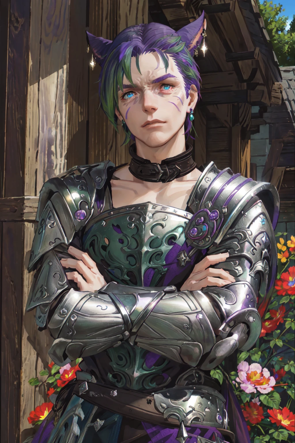 Khit'li L'ocar, blue eyes, red eyes, heterochromia,armor, collar, crossed arms, earrings, flower, green hair, purple hair, jewelry, looking at viewer, multicolored hair, outdoors, pauldrons, scar, short hair, shoulder armor, two-tone hair, upper body, realistic, specular highlights, <lora:Miqote_Khitli:0.6>