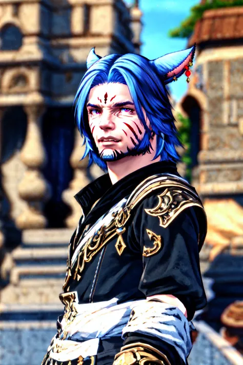 miqote,1boy, animal ears, male focus, blue hair, solo, facial mark, heterochromia, facial hair, miqo'te, red eyes, jewelry, earrings, looking at viewer, upper body, cat ears, blurry background, blurry, beard, blue eyes, armor, facial tattoo <lora:MaleMiqote:0.6>