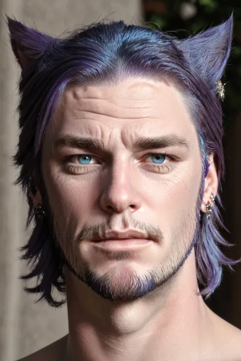 Khit'li L'ocar, beard, blue eyes, blue hair, purple hair, stubble, cat boy, closed mouth, earrings, facial hair, jewelry, looking at viewer, multicolored hair, portrait, red eyes <lora:Miqote_Khitli:0.5>