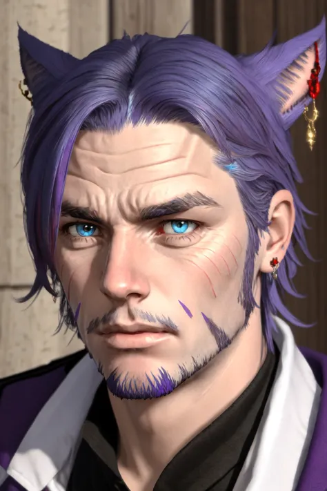 Khit'li L'ocar, beard, blue eyes, blue hair, purple hair, stubble, cat boy, closed mouth, earrings,heterochromia, facial hair, jewelry, looking at viewer, multicolored hair, portrait, red eyes <lora:Miqote_Khitli:0.6>