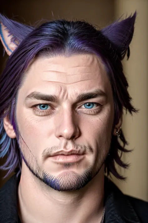 Khit'li L'ocar, beard, blue eyes, blue hair, purple hair, stubble, cat boy, closed mouth, earrings, facial hair, jewelry, looking at viewer, multicolored hair, portrait, red eyes <lora:Miqote_Khitli:0.5>