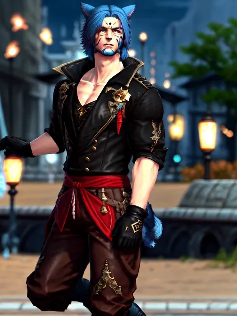 <lora:MaleMiqote:.7>, 1boy, male focus, animal ears, gloves, solo, blue hair, miqo'te, facial hair, cat boy, cat ears, blurry background, bokeh,  outdoors,   hair between eyes, blue eyes, looking at viewer, pants, beard, black gloves,brown pants, facial mark