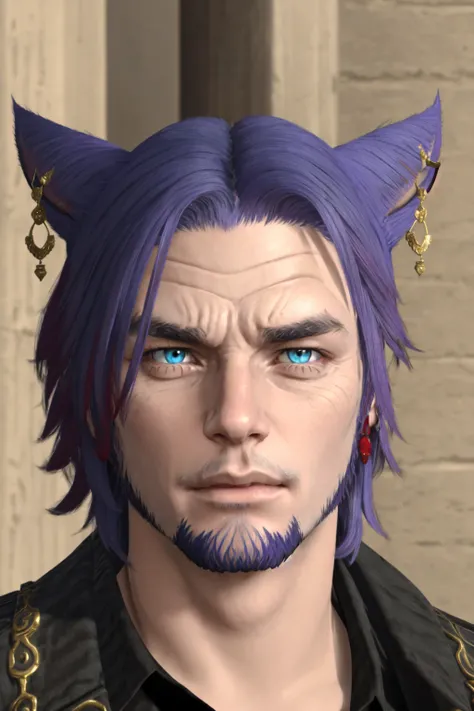 Khit'li L'ocar, beard, blue eyes, blue hair, purple hair, stubble, cat boy, closed mouth, earrings,heterochromia, facial hair, jewelry, looking at viewer, multicolored hair, portrait, red eyes <lora:Miqote_Khitli:0.6>