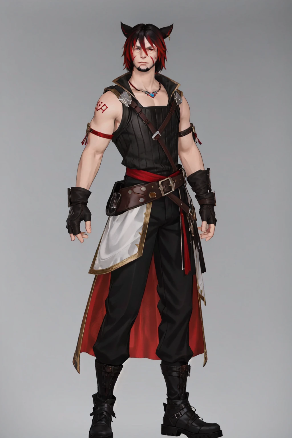 Khit'li L'ocar, blue eyes, red eyes, heterochromia, arm tattoo, arms at sides, bangs, beard, belt, black footwear, black gloves, black hair, black pants, boots, brown gloves, cat boy, clenched hands, collarbone, elbow gloves, facial hair, fingerless gloves, full body, gloves, gradient hair, grey background, hair between eyes, jewelry, looking at viewer, multicolored hair, neck tattoo, pants, red eyes, red hair, short hair, simple background, sleeveless, standing, straight-on, tattoo, two-tone hair, vambraces realistic, specular highlights, <lora:Miqote_Khitli:0.6>