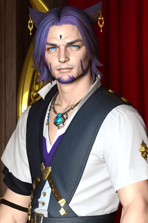 Khit'li L'ocar, beard, blue eyes, blue hair, purple hair, stubble, cat boy, closed mouth, earrings,heterochromia, facial hair, jewelry, looking at viewer, multicolored hair, portrait, red eyes <lora:Miqote_Khitli:0.6>