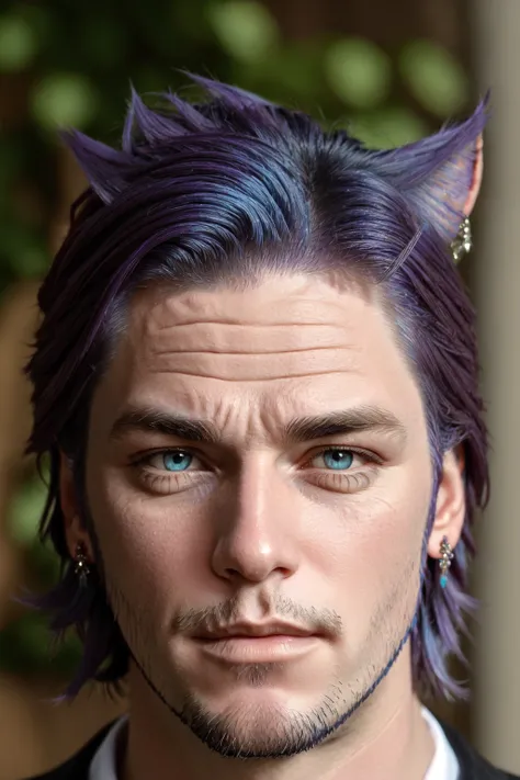 Khit'li L'ocar, beard, blue eyes, blue hair, purple hair, stubble, cat boy, closed mouth, earrings, facial hair, jewelry, looking at viewer, multicolored hair, portrait, red eyes <lora:Miqote_Khitli:0.5>