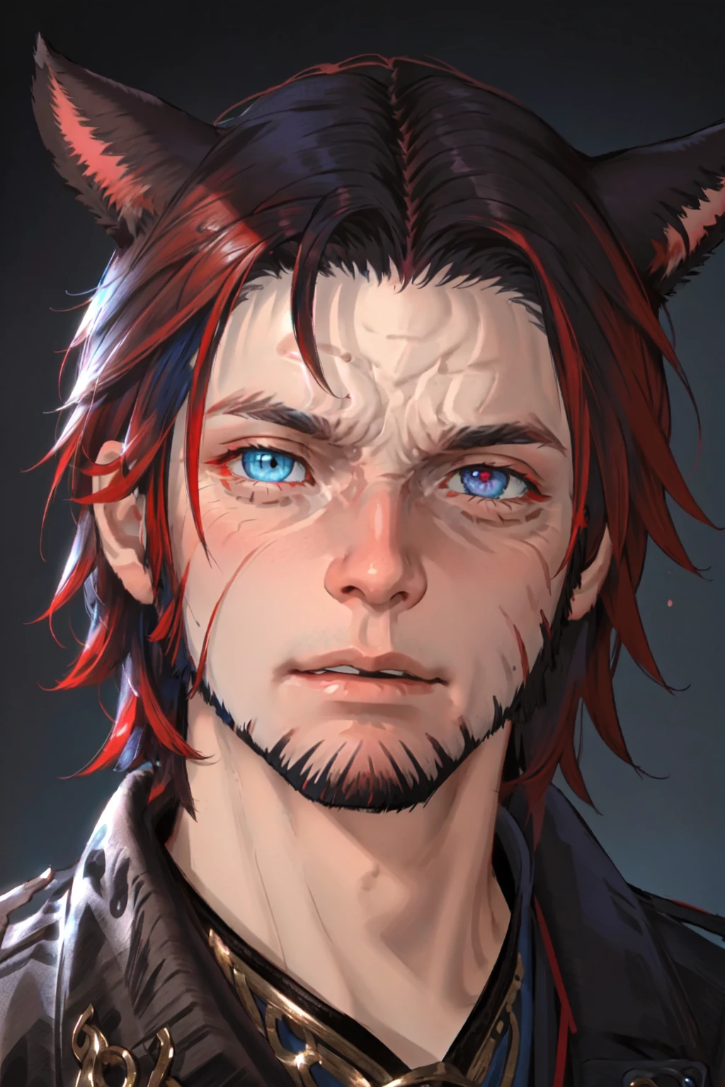 Khit'li L'ocar, beard, black hair, blue background, blue eyes, red eyes, heterochromia, cat boy, closed mouth, facial hair, looking at viewer, multicolored hair, portrait, red hair, short hair, two-tone hair, realistic, specular highlights, <lora:Miqote_Khitli:0.6>
