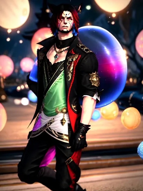 <lora:MaleMiqote:.7>, 1boy, male focus, animal ears, gloves, solo, blue hair, miqo'te, facial hair, cat boy, cat ears, blurry background, bokeh,  outdoors,  multicolored hair, hair between eyes, red eyes, looking at viewer, pants, beard, earrings, bubble, black gloves, two-tone hair, jewelry, brown pants, facial mark