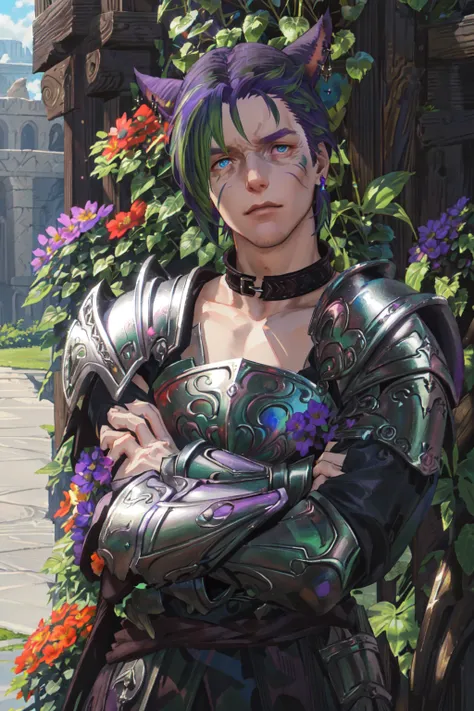 Khit'li L'ocar,  blue eyes, red eyes,  heterochromia,armor, collar, crossed arms, earrings, flower, green hair,  purple hair, jewelry, looking at viewer, multicolored hair, outdoors, pauldrons, scar, short hair, shoulder armor, two-tone hair, upper body, realistic, specular highlights,  <lora:Miqote_Khitli:0.6>