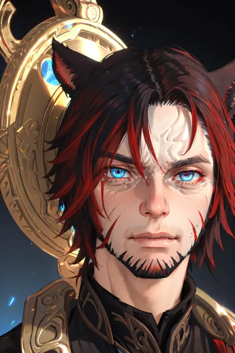 Khit'li L'ocar, beard, black hair, blue background, blue eyes, red eyes, heterochromia, cat boy, closed mouth, facial hair, looking at viewer, multicolored hair, portrait, red hair, short hair, two-tone hair, realistic, specular highlights, <lora:Miqote_Khitli:0.6>