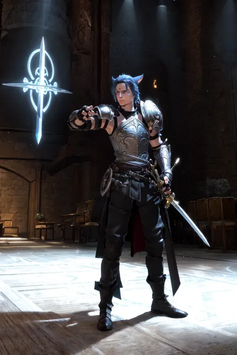 Khit'li L'ocar, glowing, armor, blue hair, cat boy, fingerless gloves, gloves, hand on hip, holding, holding sword, holding weapon, indoors, pauldrons, shield, short hair, shoulder armor, sword, weapon, fight scene, <lora:Miqote_Khitli:0.6>