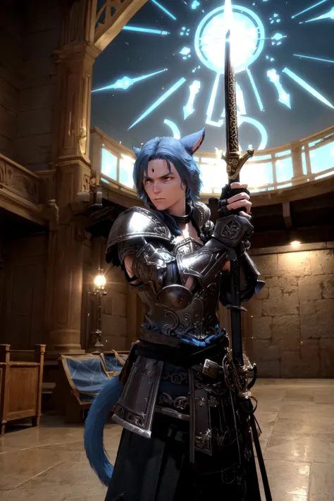 Khit'li L'ocar, glowing, armor, blue hair, cat boy, fingerless gloves, gloves, hand on hip, holding, holding sword, holding weapon, indoors, pauldrons, shield, short hair, shoulder armor, sword, weapon, fight scene, <lora:Miqote_Khitli:0.6>