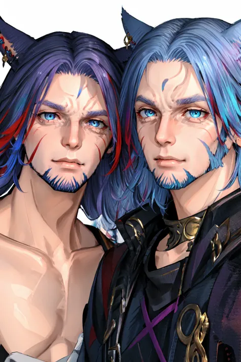 Khit'li L'ocar, beard, blue eyes, blue hair, purple hair, stubble, cat boy, closed mouth, earrings, facial hair, jewelry, looking at viewer, multicolored hair, portrait, red eyes <lora:Miqote_Khitli:0.6>