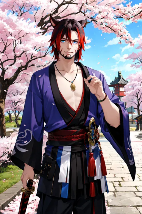 Khit'li L'ocar, blue eyes, red eyes, heterochromia, beard, black hair, blurry, cherry blossoms, facial hair, japanese clothes, jewelry, katana, kimono, looking at viewer, multicolored hair, necklace, outdoors, red hair, sheath, sheathed, stubble, sword, tree, two-tone hair, weapon,specular highlights, <lora:Miqote_Khitli:0.4>
