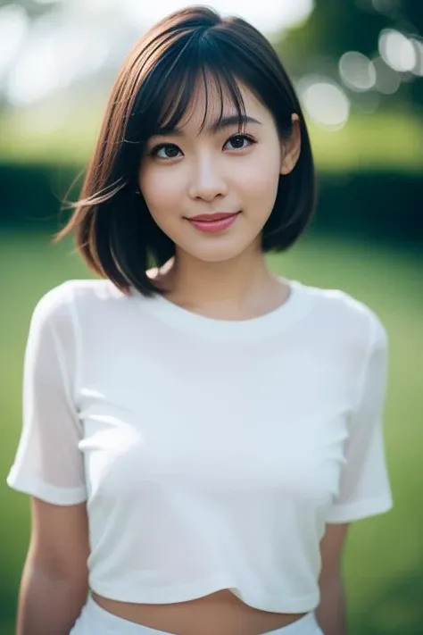 1girl,(RAW photo, best quality), (realistic, photo-realistic:1.4), masterpiece, an extremely delicate and beautiful, extremely detailed, 2k wallpaper, Amazing, finely detail, extremely detailed CG unity 8k wallpaper, ultra-detailed, highres, soft light, beautiful detailed girl, extremely detailed eyes and face, beautiful detailed nose, beautiful detailed eyes,cinematic lighting,perfect anatomy,slender body,
wearing a white tshirt,white skirt(bokeh:1.2),
at a flower park,sakura flowers,flower garden,
<lora:minatomio_lora:0.7>,smiling