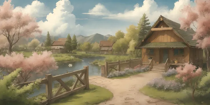Forests, flowers, lakes, blue sky, white clouds, cutebuild style <lora:cutebuild:0.7>