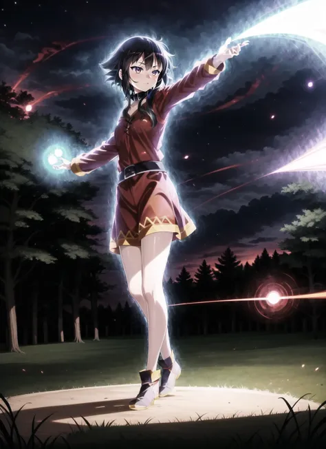 ultrainstinct, <lora:ultrainstinct_v3_offset:1> 1girl, aura, aura surrounding body, (masterpiece, best quality), (outdoors), full body, megumin, detailed background, night, trees, grass, nature