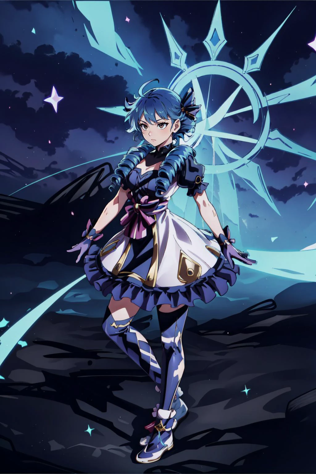 (masterpiece, best quality), intricate details, (fractal art:1.2),
(1girl),<lyco:GoodHands-beta2:1>
<lora:Gwen:0.8> twin drills, frilled dress,ahoge, puffy sleeves, asymmetrical legwear,gloves,
<lora:ultrainstinct_v3_offset:0.8> ultrainstinct, aura,