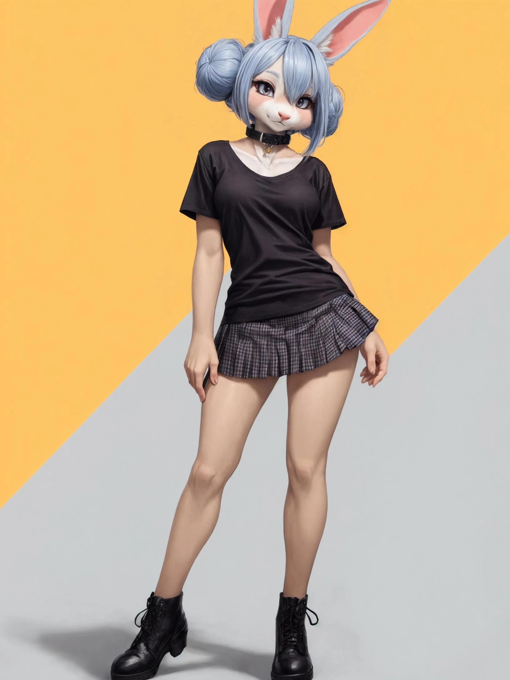 (best quality, high resolution), tall skinny anthro bunny, full body, stands, checkered pleated miniskirt, uncovered collarbone, collar, black t-shirt, blue bun hair, intricate background, deep shadows