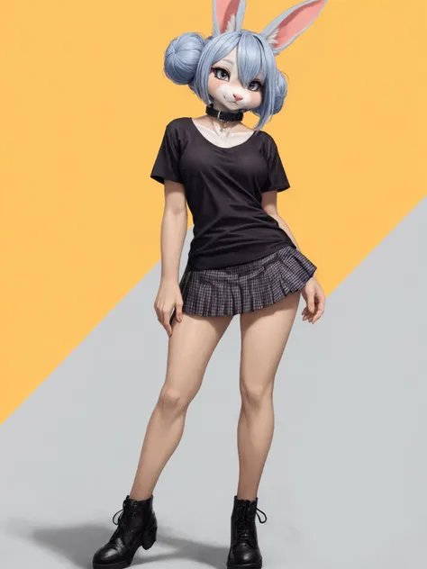 (best quality, high resolution), tall skinny anthro bunny, full body, stands, checkered pleated miniskirt, uncovered collarbone, collar, black t-shirt, blue bun hair, intricate background, deep shadows