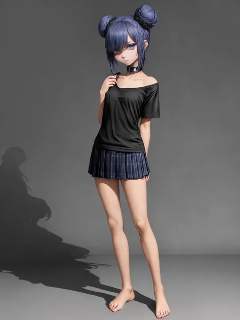 (best quality, high resolution), tall skinny girl, full body, stands, barefoot, arched soles, checkered pleated miniskirt, uncovered collarbone, collar, black t-shirt, blue bun hair, intricate background, deep shadows