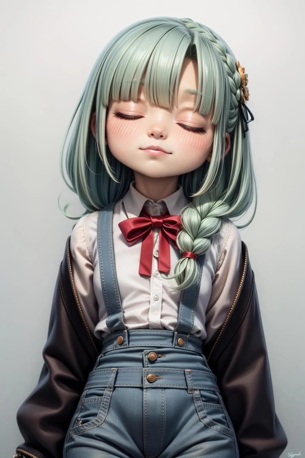 1girl, cute , grimace, Suspenders, closed eyes, light green hair, hair rings, french braid, _