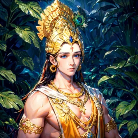 1boy, animekrishna, charismatic face, garden background, golden warrior costume, golden head crown with peacock feather, handsome, charismatic face , garland, muscular body, Cute and adorable cartoon, fantasy, dreamlike, surrealism, super cute, trending on artstation