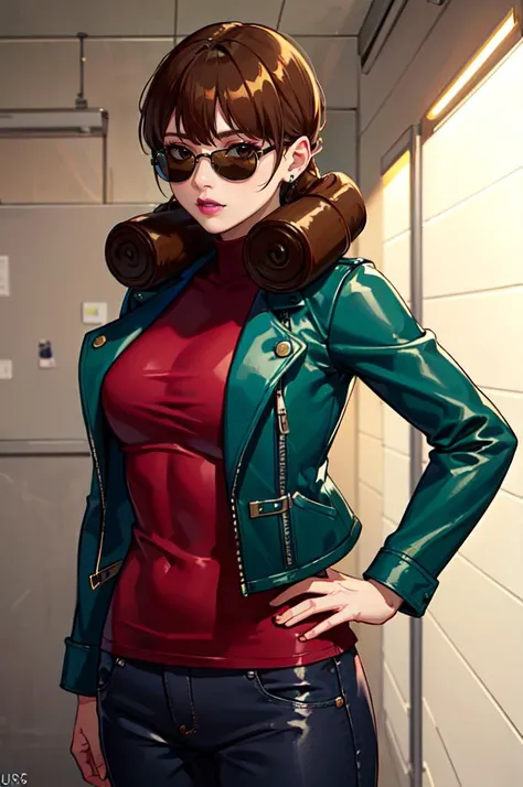 <lora:Ms._Mari__Mariko_Ozono_Mega_Man_Battle_Network:0.7> ms_mari, brown eyes, brown hair, long hair, single side drill, hair over shoulder, unworn eyewear, sunglasses, purple lips, leather jacket, red shirt,, absurdres, ultra detailed, masterpiece, best quality, aesthetic, detailed,