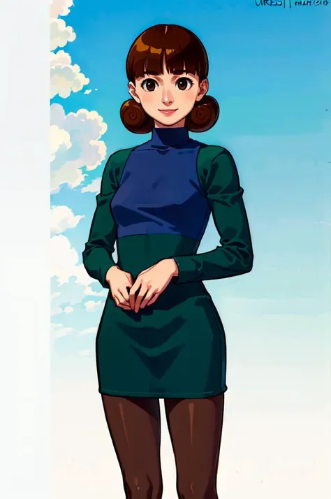 solo, smile, <lora:Ms._Mari__Mariko_Ozono_Mega_Man_Battle_Network:0.8> ms_mari, brown eyes, brown hair, short hair, blunt bangs, turtleneck, dress, pantyhose, <lora:comiclo:0.5>, absurdres, ultra detailed, masterpiece, best quality, aesthetic, detailed,