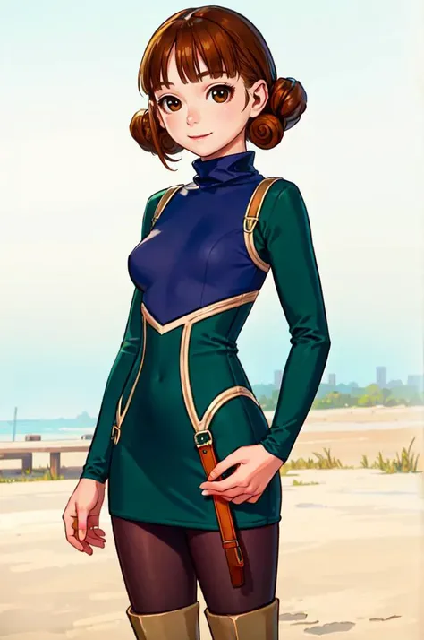 solo, smile, <lora:Ms._Mari__Mariko_Ozono_Mega_Man_Battle_Network:0.8> ms_mari, brown eyes, brown hair, short hair, blunt bangs, turtleneck, dress, pantyhose, <lora:Range_murata_style_v02:0.8>, absurdres, ultra detailed, masterpiece, best quality, aesthetic, detailed,