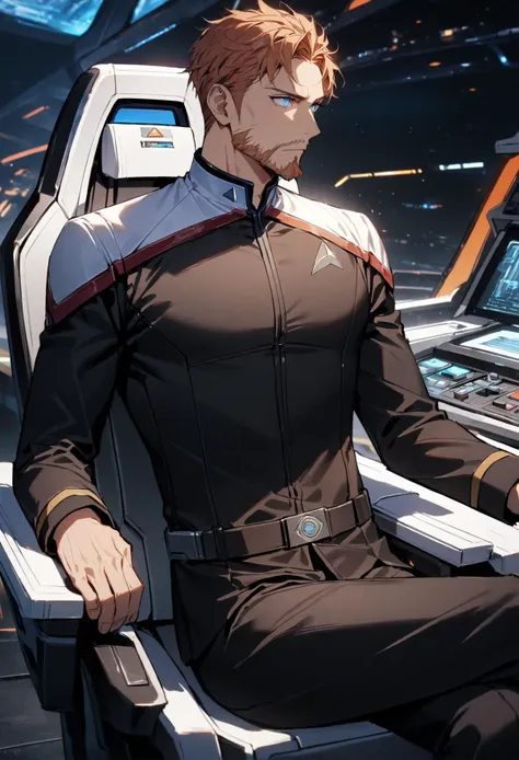 1boy, male focus,ginger hair,short hair,beautiful eyes,detailed eyes,blue eyes,facial hair,faded beard,subtle beard,start trek uniform,stoddunf uniform,white shoulders,spaceship bridge,sitting on the commander chair,crossed legs,controls,staff,monitors,masterpiece,best quality,ultra detailed,<lora:add-detail-xl:1>, <lora:OdysXL:0.8>