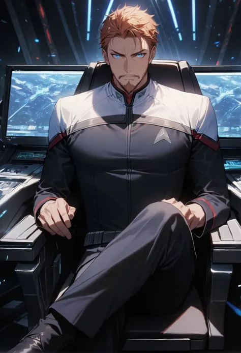 1boy, male focus,ginger hair,short hair,beautiful eyes,detailed eyes,blue eyes,facial hair,faded beard,subtle beard,start trek uniform,stoddunf uniform,white shoulders,spaceship bridge,sitting on the commander chair,crossed legs,controls,staff,monitors,masterpiece,best quality,ultra detailed,<lora:add-detail-xl:1>, <lora:OdysXL:0.8>