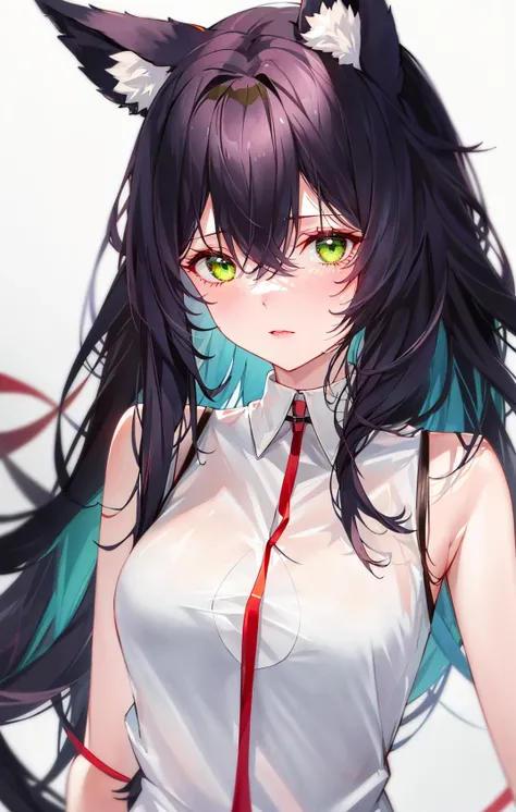 1girl, animal_ear_fluff, animal_ears, bangs, bare_shoulders, black_hair, blush, breasts, cat_ears, closed_mouth, eyebrows_visible_through_hair, green_eyes, grey_background, hair_between_eyes, karyl_\(princess_connect!\), long_hair, looking_at_viewer, medium_breasts, multicolored_hair, shirt, simple_background, sleeveless, sleeveless_shirt, solo, upper_body, white_background, white_shirt
<lora:style_MeLanLan:1>
