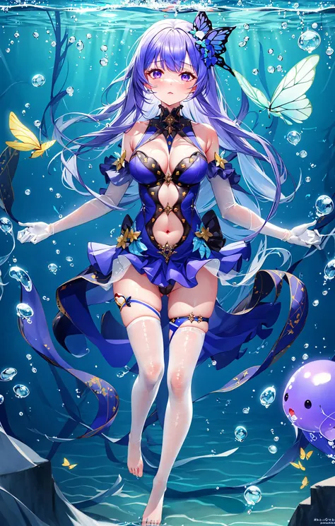 1girl, ?, air_bubble, bangs, bare_shoulders, barefoot, blue_butterfly, bow, breasts, bubble, bubble_blowing, bug, butterfly, cleavage, closed_mouth, detached_collar, dress, eyebrows_visible_through_hair, fish, full_body, gloves, jellyfish, long_hair, looking_at_viewer, medium_breasts, navel, navel_cutout, purple_eyes, solo, submerged, thighhighs, underwater, very_long_hair, water, water_drop, white_gloves, white_legwear, wide_sleeves
<lora:style_MeLanLan:1>