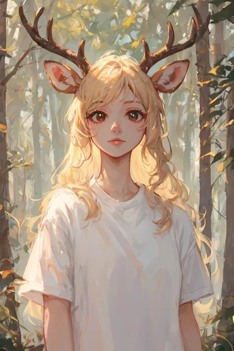 score_9, score_8_up, score_7_up, rating_safe, 1girl, solo, deer ears, horns, long hair, blonde hair, brown eyes, portrait, looking at viewer, white t-shirt, cowboy shot, standing, forest <lora:Pastel-Mix Style SDXL_LoRA_Pony Diffusion V6 XL:0.7>