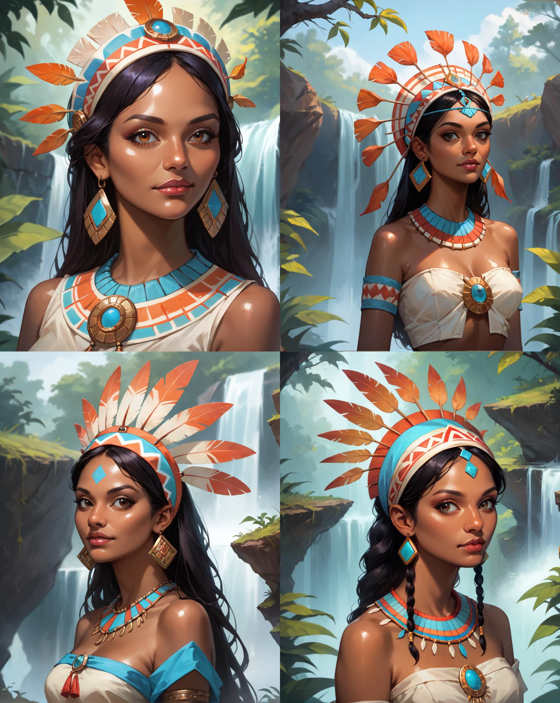 score_9, score_8, score_9_up, content_sfw, source_anime, high quality, high contrast, (realistic:1.2),
highest quality, absurdres, (sharp focus:1.2), (1girl), tiger lily \(disney\), dark-skinned female, solo, upper body, solo focus, headdress, (shiny skin:1.3), native american headdress, waterfall, young female, traditional shirt,
<lora:Counterfeit-V3.0 Style SDXL_LoRA_Pony Diffusion V6 XL:0.8>