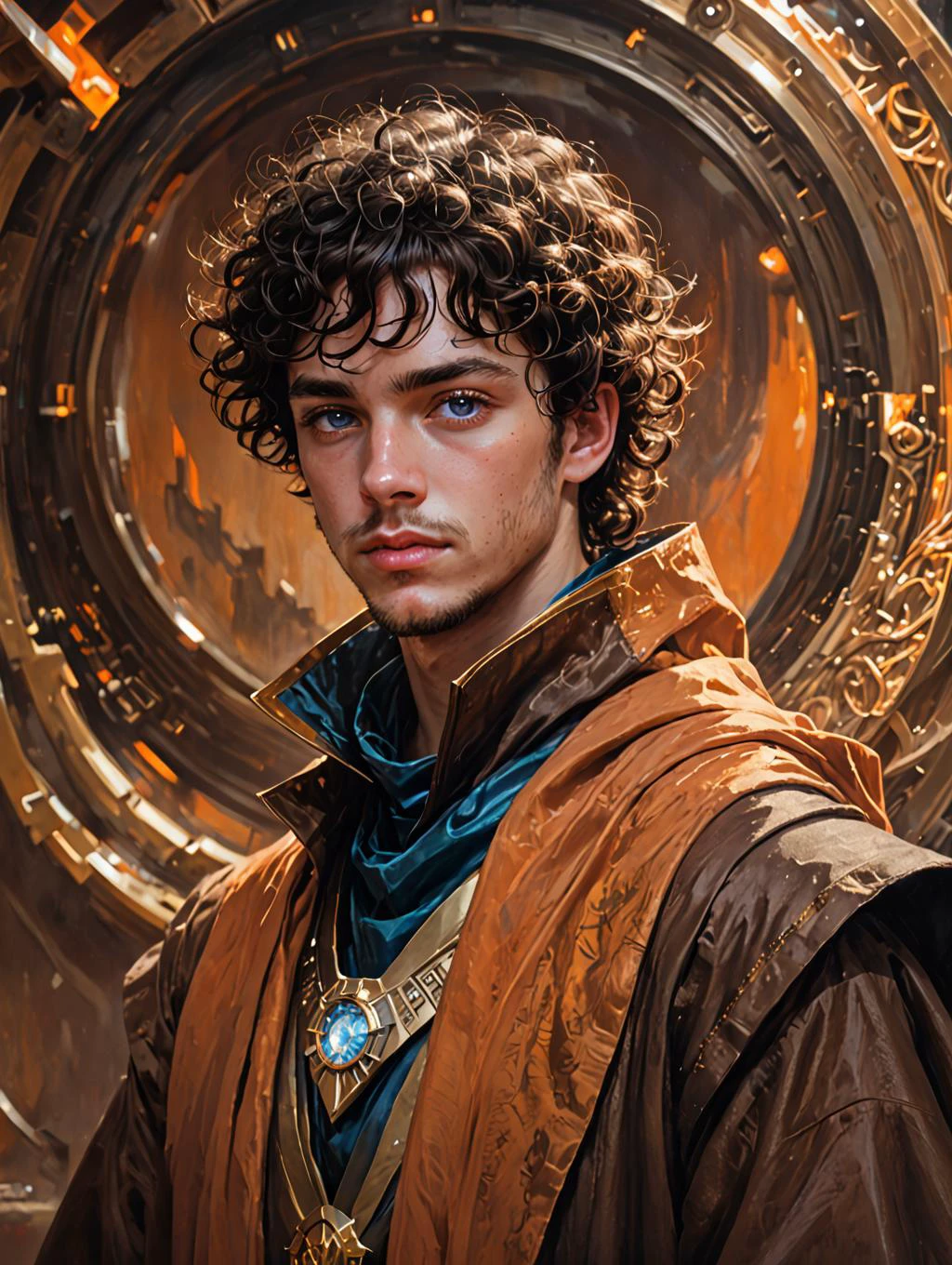 portrait of a highborn male, 18 year old, black short curly hair, blue eyes, futuristic brown robe, dark uniform, masterpiece, shallow depth of field, cinematic lighting, rim light, dark orange background, concept art, ((oil painting)), scifi, science fiction,
<lora:add-detail-xl:1> <lora:bichu-v0612:1> <lora:Pastel-Mix Style SDXL_LoRA_Pony Diffusion V6 XL:1>