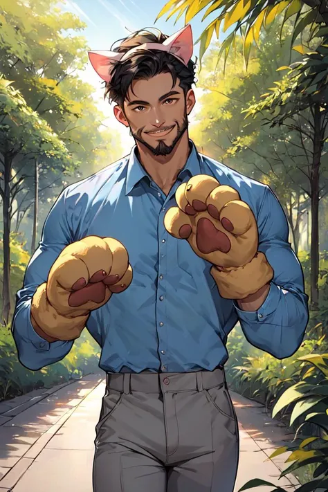 score_9, score_8_up, score_7_up, rating_safe, short hair, black hair, brown eyes, facial hair, beard, blue shirt, collared shirt, long sleeves, grey pants, fake animal ears, animal ears, cat ears, paw gloves, cat paws, paw pose, smile, 1boy, solo, male focus, mature male, looking at viewer, cowboy shot, standing, outdoors, park, sunlight <lora:MatureMaleMix v1.4 Style LoRA_Pony XL v6:1>