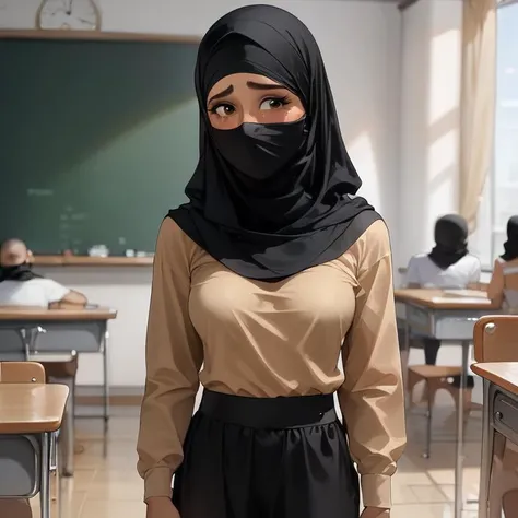 1girl, nsfw, arabian clothes, hijab, shirt, arabian student, arabian classroom, shy, black hair, olive skin, dark skin,standing, medium breasts, <lora:ArabianClothes:0.6> <lora:Expressive_H:0.8> <lora:MixSummerSolstice Style SDXL_LoRA_Pony Diffusion V6 XL:0.8>
