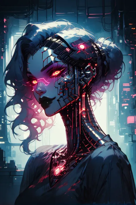 macabre style cybernetic style <lora:Counterfeit-V3.0 Style SDXL_LoRA_Pony Diffusion V6 XL:1>, one girl, part robot, kind smile, upper body, dark colors, dark lighting, indoors, blood on clothes, looking at viewer <lora:Desolation:0.3> <lora:Kenva:0.6> <lora:Neon_Noir_Pony:1> <lora:OverallDetail:1> <lora:D.I.D._Vaporwave_Visions:0.5>, score_9, score_8_up, score_7_up . futuristic, technological, cybernetic enhancements, robotics, artificial intelligence themes . dark, gothic, grim, haunting, highly detailed