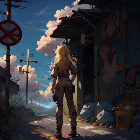 score_9, score_8_up, highres, 1girl, long hair, blonde hair, messy hair, standing, dirty clothes, post-apocalypse, wasteland, dust cloud, road sign, from behind, gas station, road, straight-on, blue sky, trash, <lora:MatureMaleMix v1.4 Dark Style LoRA_Pony XL v6:1>