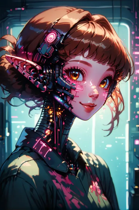 kawaii style cybernetic style <lora:Counterfeit-V3.0 Style SDXL_LoRA_Pony Diffusion V6 XL:1>, one girl, elf, brown hair, eyes glow pink, pink steam from the mouth, part robot, kind smile, upper body, dark colors, dark lighting, indoors, blood on clothes, looking at the viewer <lora:Desolation:0.3> <lora:Kenva:0.6> <lora:Neon_Noir_Pony:1> <lora:OverallDetail:1> <lora:D.I.D._Vaporwave_Visions:0.5>, score_9, score_8_up, score_7_up . futuristic, technological, cybernetic enhancements, robotics, artificial intelligence themes . cute, adorable, brightly colored, cheerful, anime influence, highly detailed