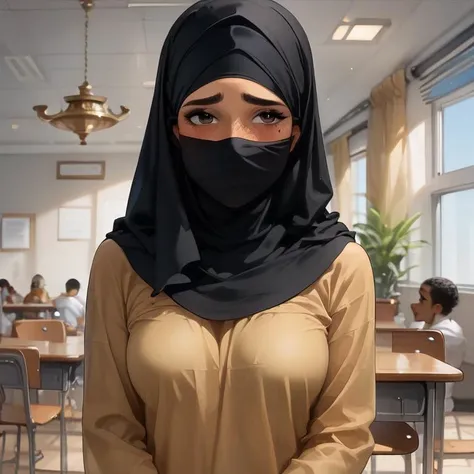 1girl, nsfw, arabian clothes, hijab, shirt, arabian student, arabian classroom, shy, black hair, olive skin, dark skin,standing, medium breasts, <lora:ArabianClothes:0.6> <lora:Expressive_H:0.8> <lora:MixSummerSolstice Style SDXL_LoRA_Pony Diffusion V6 XL:0.8>