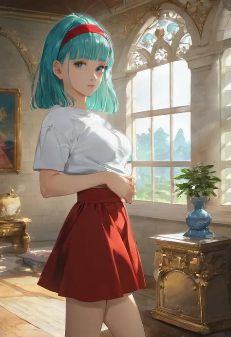 1girl, solo, dragon ball, blmmid, aqua hair, medium hair, blunt bangs, red hairband, medium breasts, shirt, skirt, indoors, expressiveh, masterpiece, detailed, decoration, beautiful house, beautiful room, warm lightning, volumetric lightning, <lora:add-detail-xl:1> <lora:bulma_9:0.8> <lora:Expressive_H:0.8>  <lora:MixSummerSolstice Style SDXL_LoRA_Pony Diffusion V6 XL:0.7>